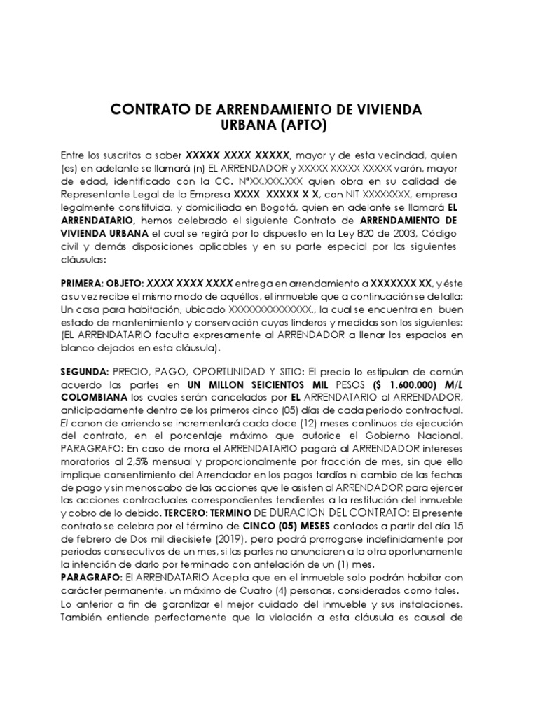 Modelo De Contrato De Arrendamiento De Apartamento Pdf Alquiler