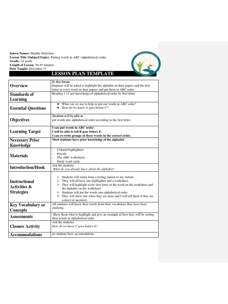 Lesson Plan Alphabetical Order Lesson Plan Vocabulary