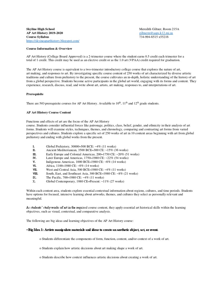 Giltnermaaps.k12.mi Us Skyline High School AP Art History 20192020 Course Syllabus PDF