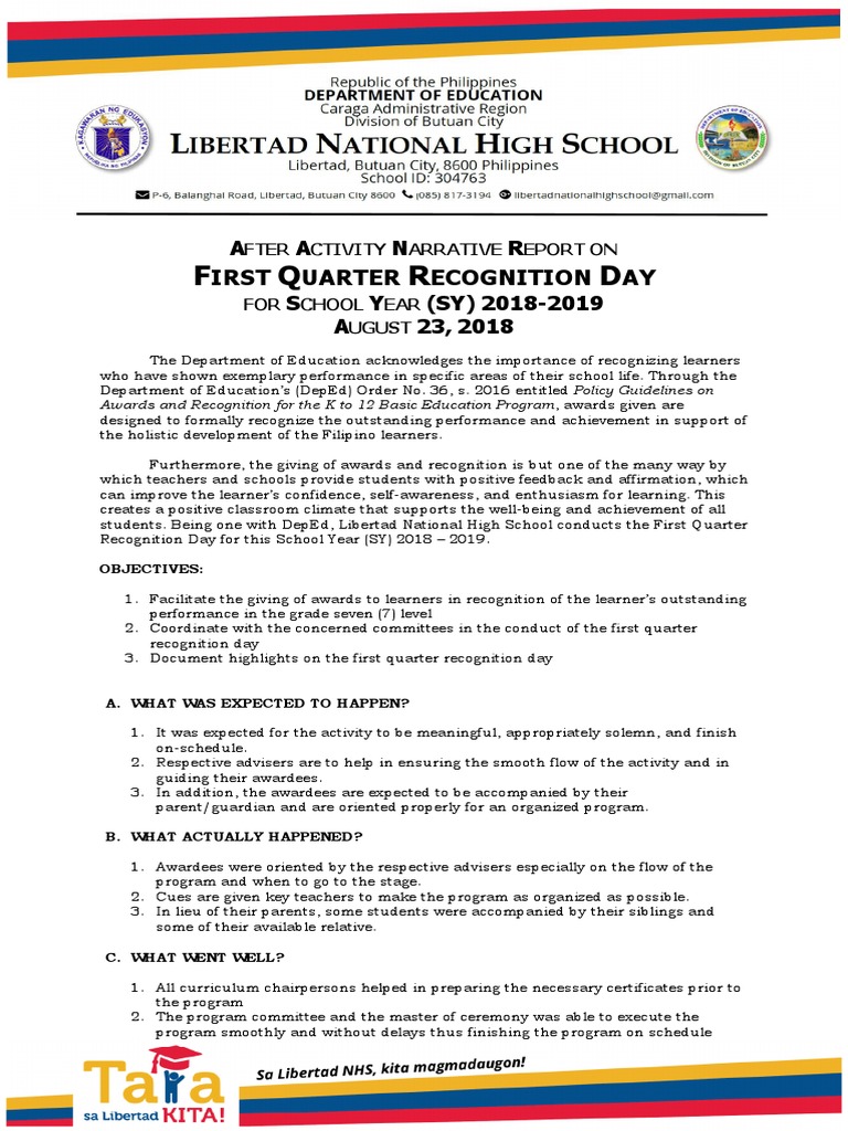 After Activity Narrative Report On Q1 Recognition Day | PDF | Education ...