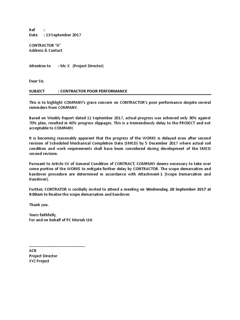 Contractor Performance Warning Letter | PDF | General Contractor ...