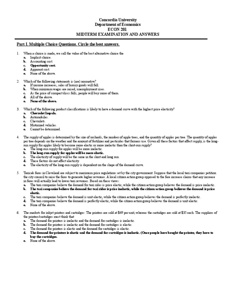 Econ 201 Past Midterm | PDF | Price Elasticity Of Demand | Supply And ...