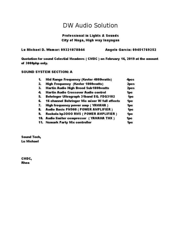 Sound System Quotation Naga 2019 | PDF | Science & Mathematics