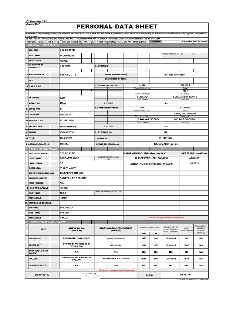 CS Form 212 Revised Personal Data Sheet New PDF Educational, 60 OFF