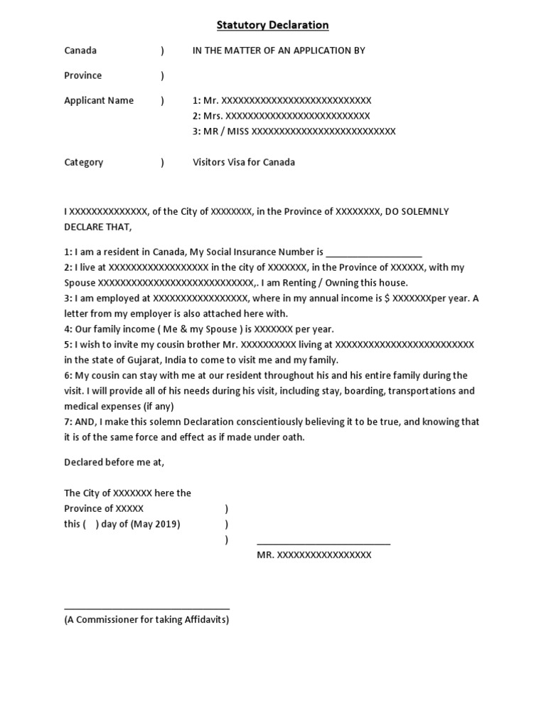 A Statutory Declaration for Visitor Visas Sponsorship and Support for