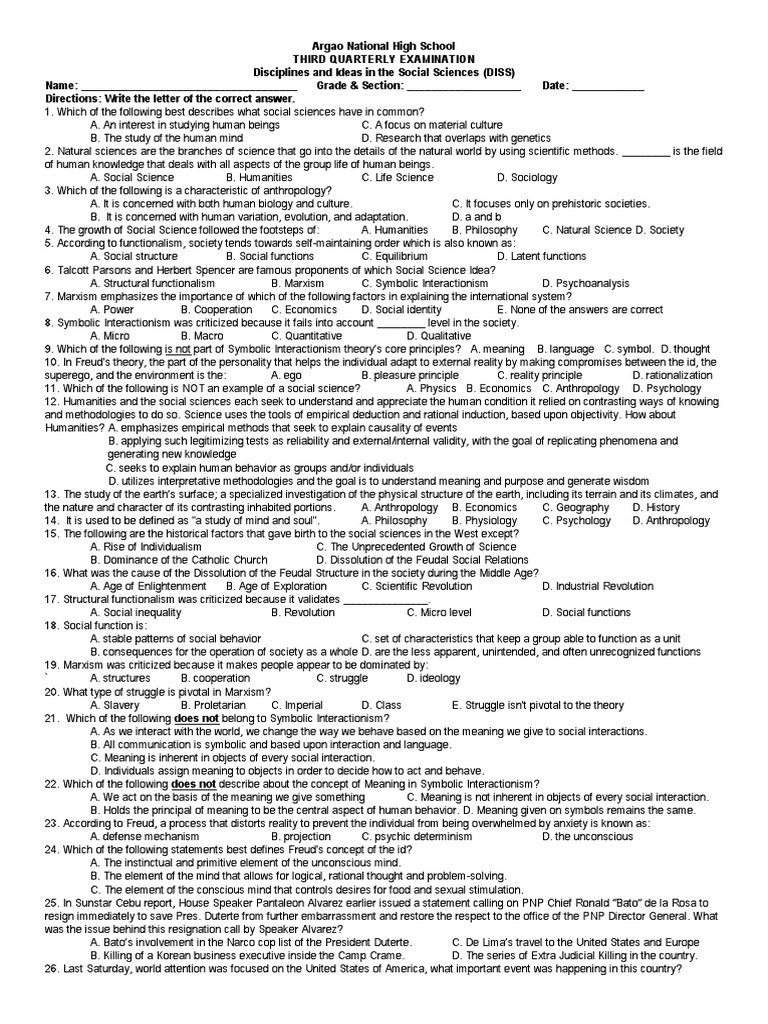 DISS Grade 11 Third Quarter Exam Review | PDF | Social Science | Sociology