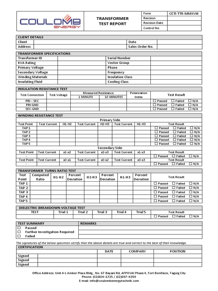 2018 Transformer Test Report PDF Transformer Electrical Equipment