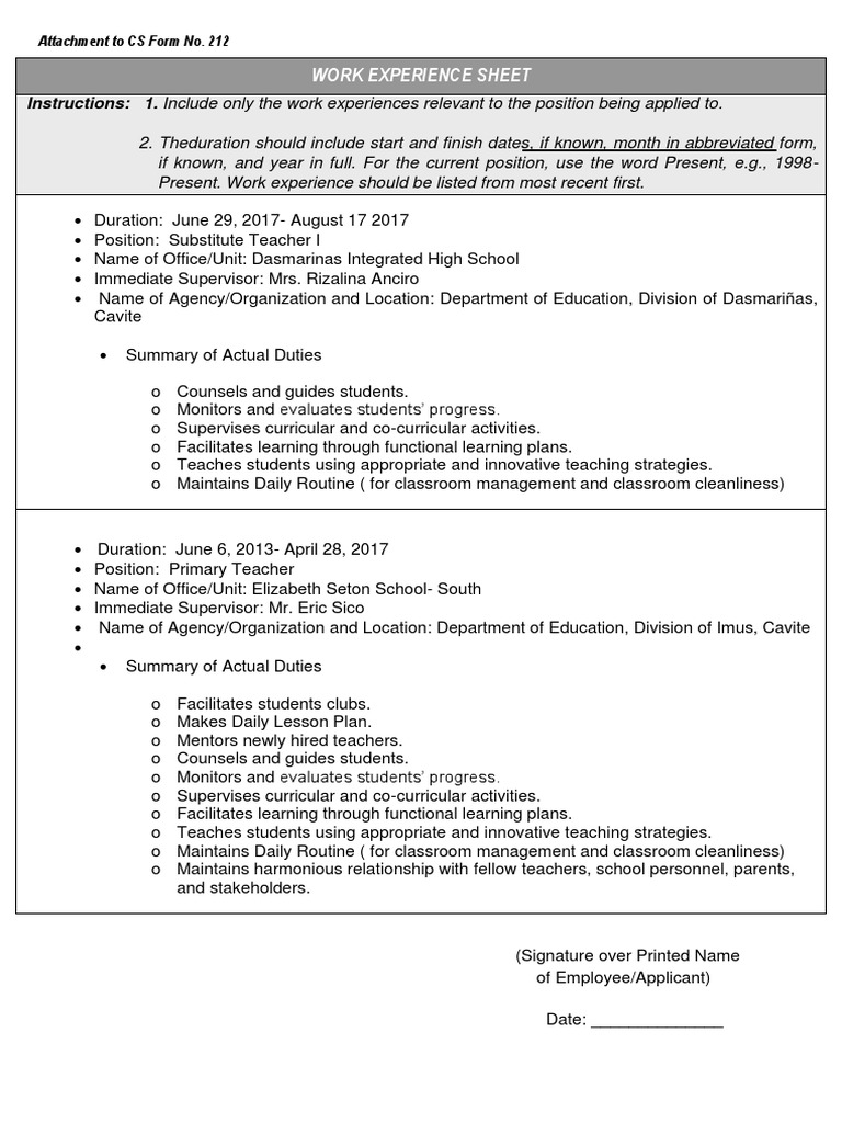 Work Experience Sheet for Teachers | PDF | Classroom Management | Teachers