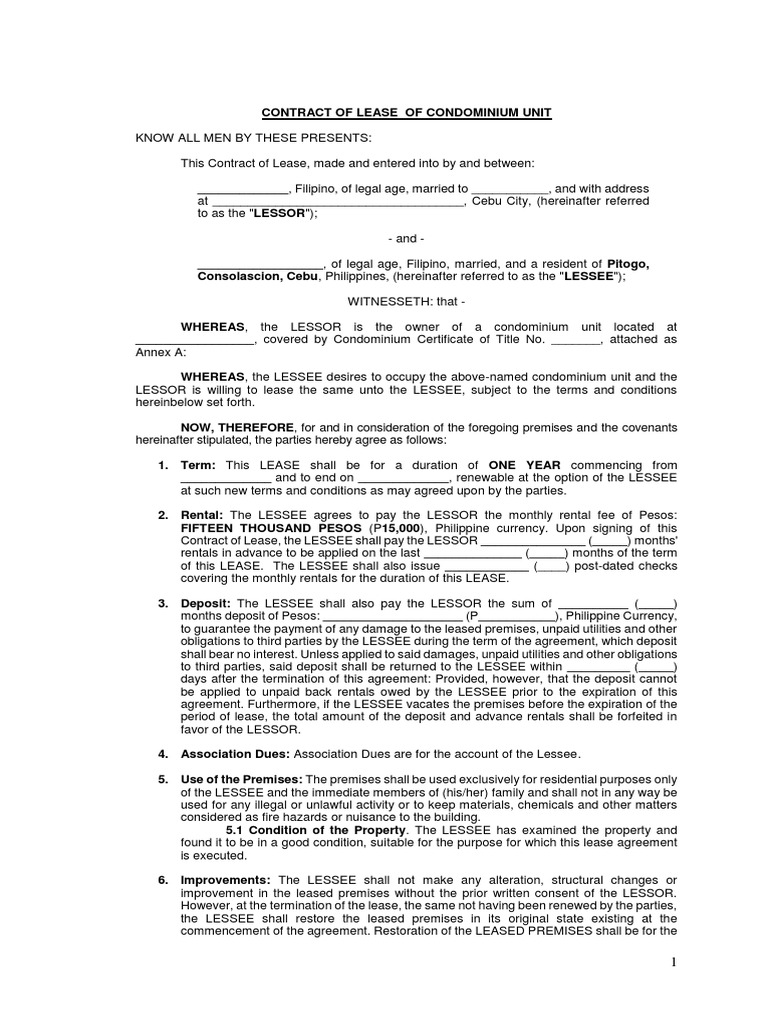 Condominium Lease Agreement Sample | PDF | Lease | Business Law