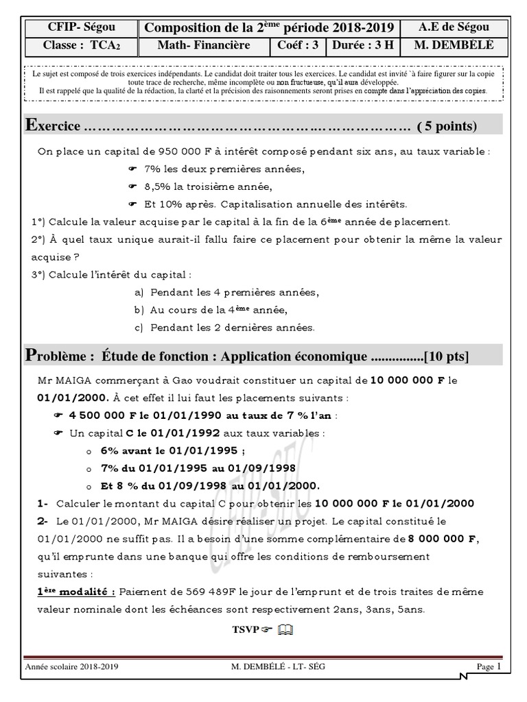 Mathématiques Financières Cours Et Exercices Corrigés Pdf TCA2 Mathématique Financière BT2 CFIP | PDF | Prêts | Services financiers