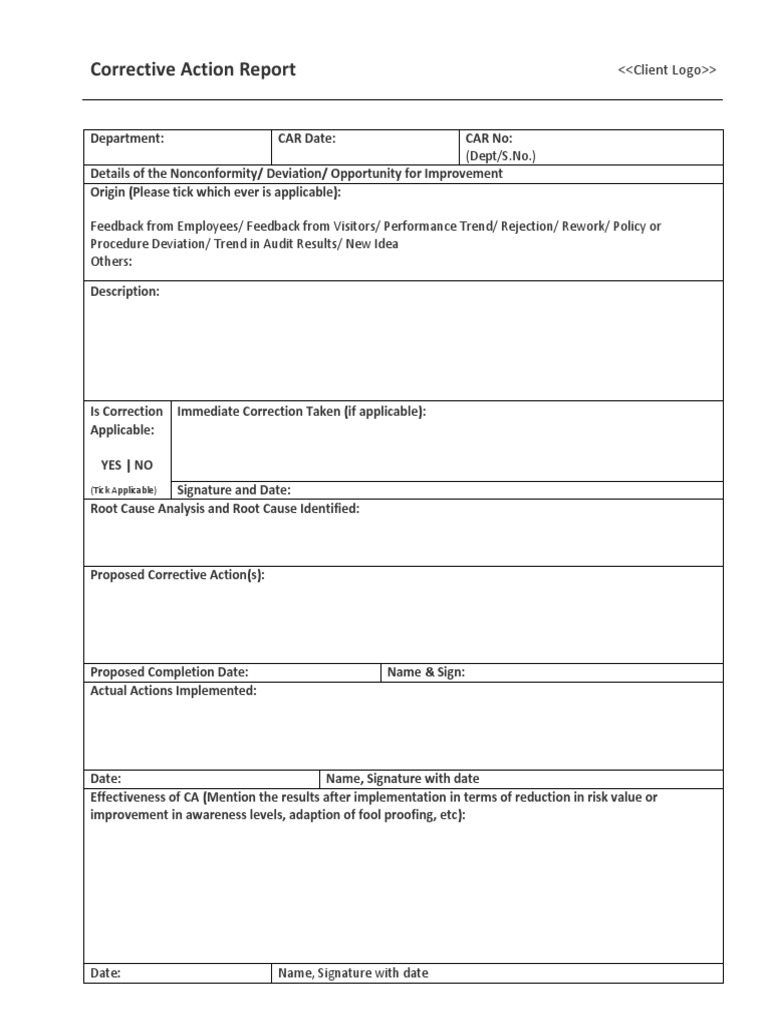 Corrective Action Report Template | PDF | Risk | Business