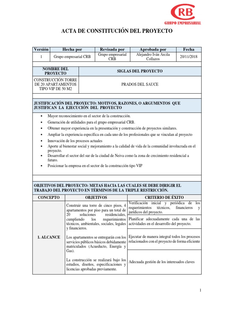 Acta de Constitución del Proyecto CRB | PDF | Gestión de recursos ...