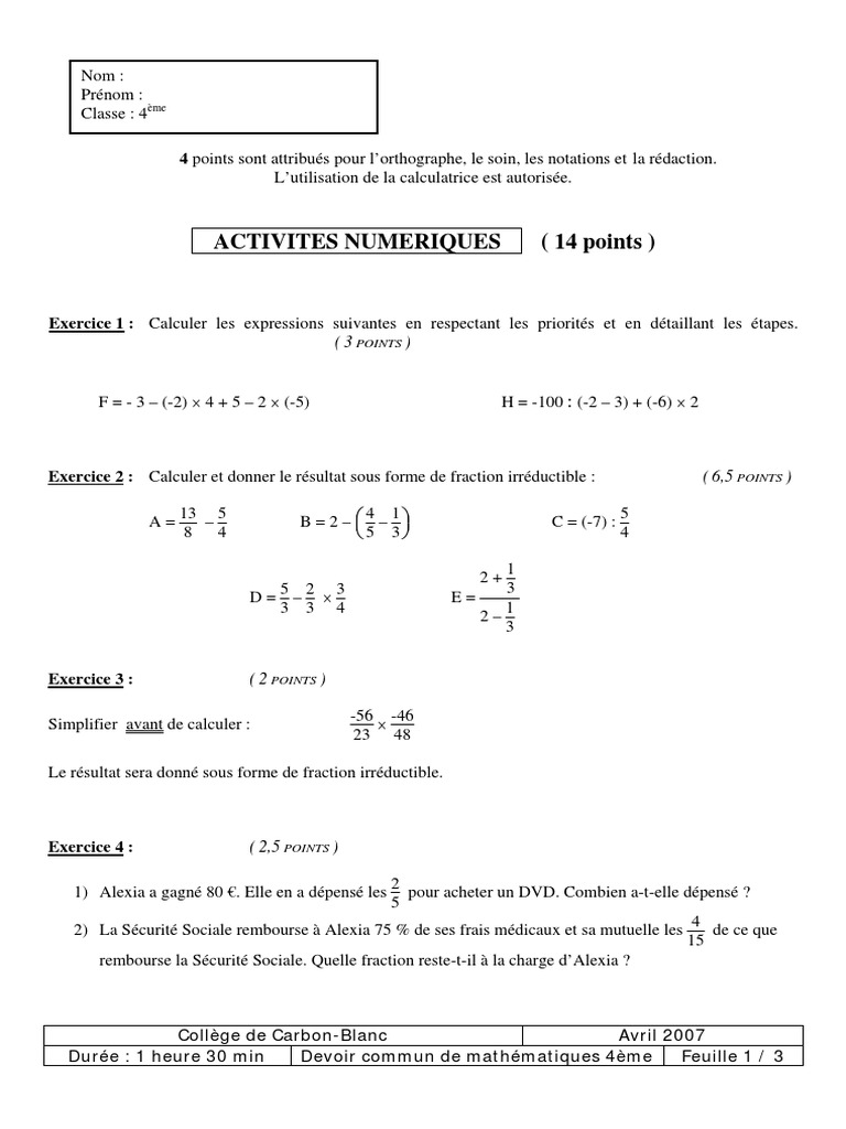 Devoir Commun 4ème Maths Avec Correction 2022 Devoir en Commun Maths Quatrieme 4eme 4 | PDF | Triangle | Géométrie