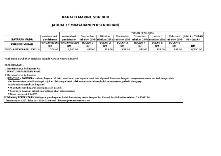 Yuran Pengajian Ranaco Marine Sdn Bhd | PDF