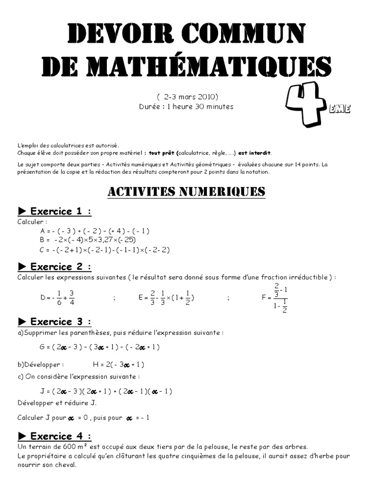 Devoir Commun 4ème Maths Avec Correction 2022