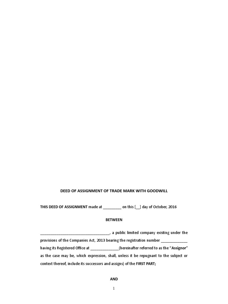 draft deed of assignment of trademark india
