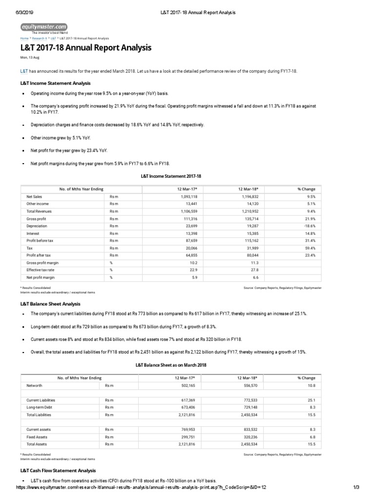 L&T 2017-18 Annual Report Summary | PDF | Balance Sheet | Revenue