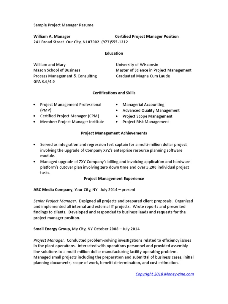 Sample Project Manager Resume | PDF