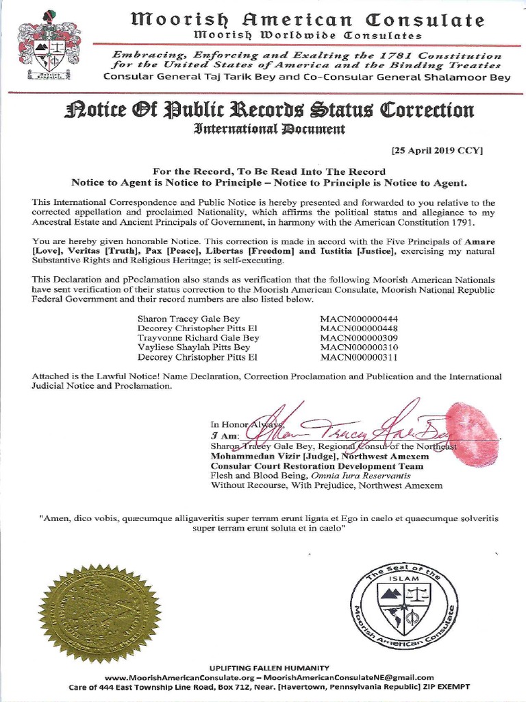 MACN R000000197 Moorish Nationality LAWFUL NOTICE Judicial