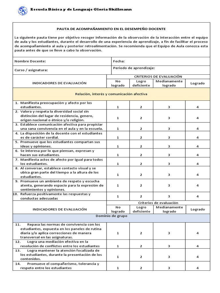 Pauta Desempeño Docente 2019 | PDF | Evaluación | Salón de clases