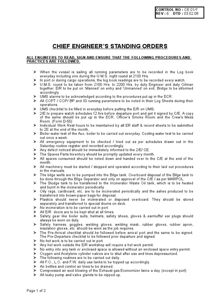 Chief Engineer's Standing Orders for Vessels | PDF | Incineration ...