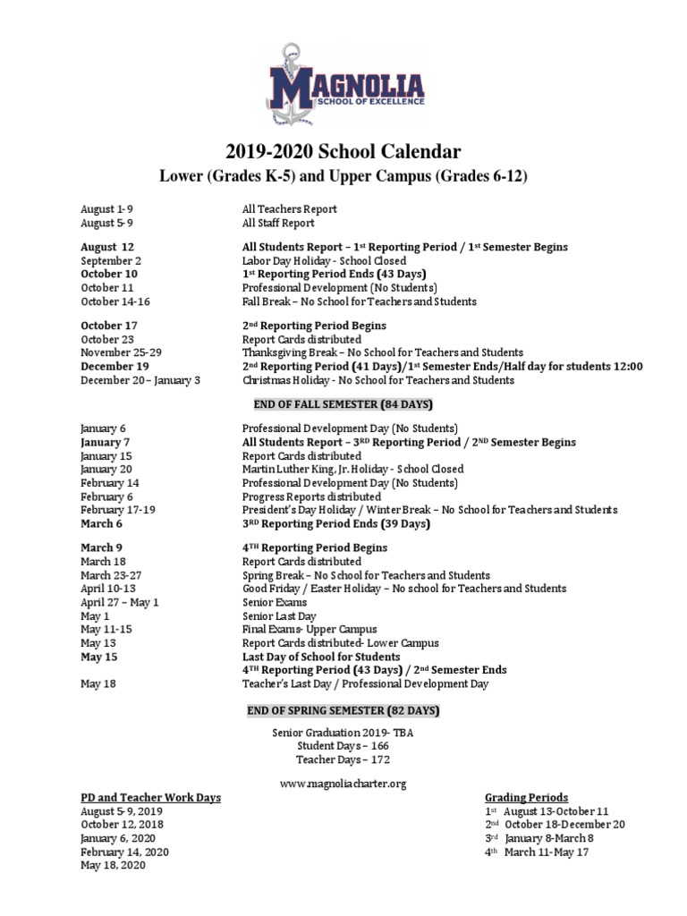 Magnolia School Calendar 2019 2020 PDF Academic Term Schools