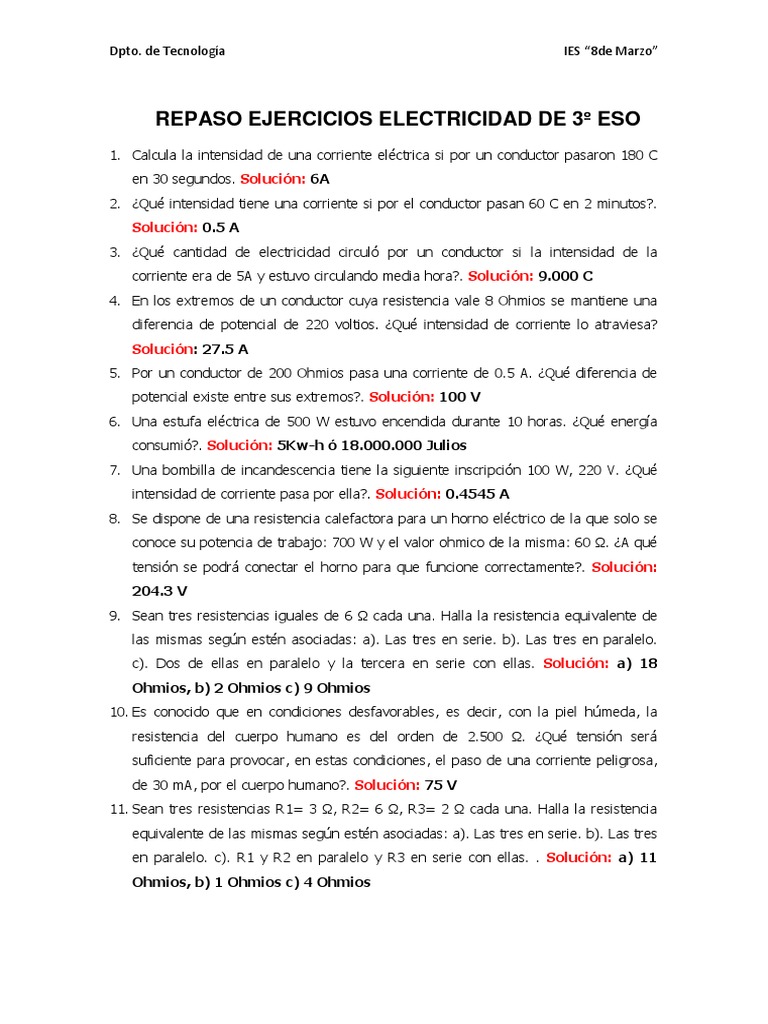 Repaso de Ejercicios de Electricidad 3º ESO | PDF | Resistencia ...