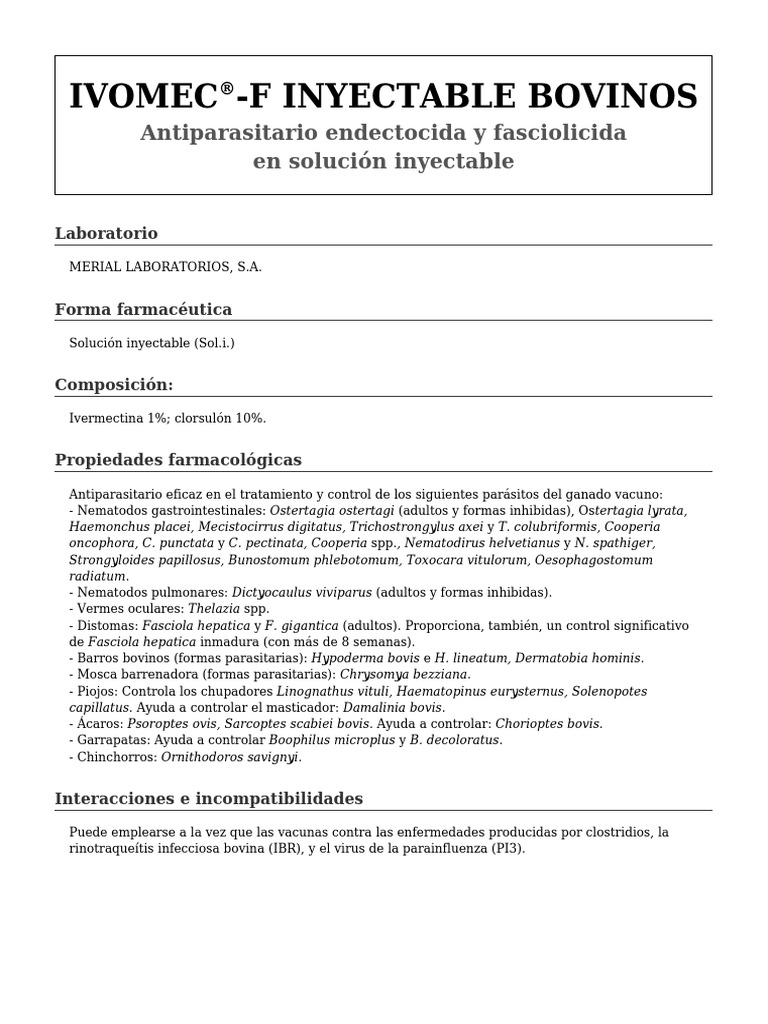 Ivomec-F: Antiparasitario para Bovinos | PDF | Inyección (medicina ...