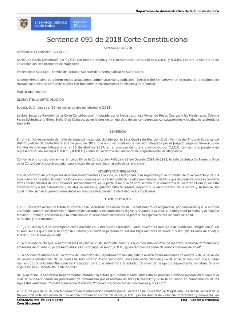 Sentencia T-095/18: Tutela y Violencia Intrafamiliar | PDF | Derecho