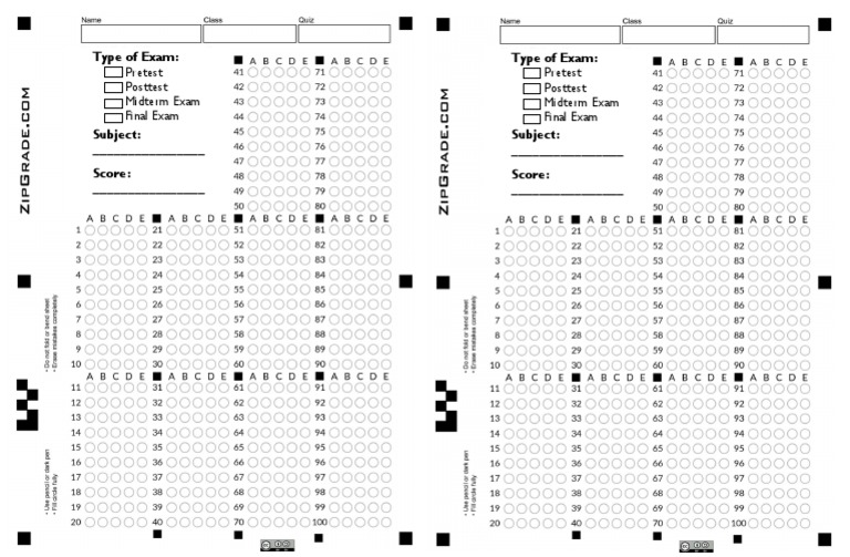 Answer Sheet 100 ZipGrade v2 PDF