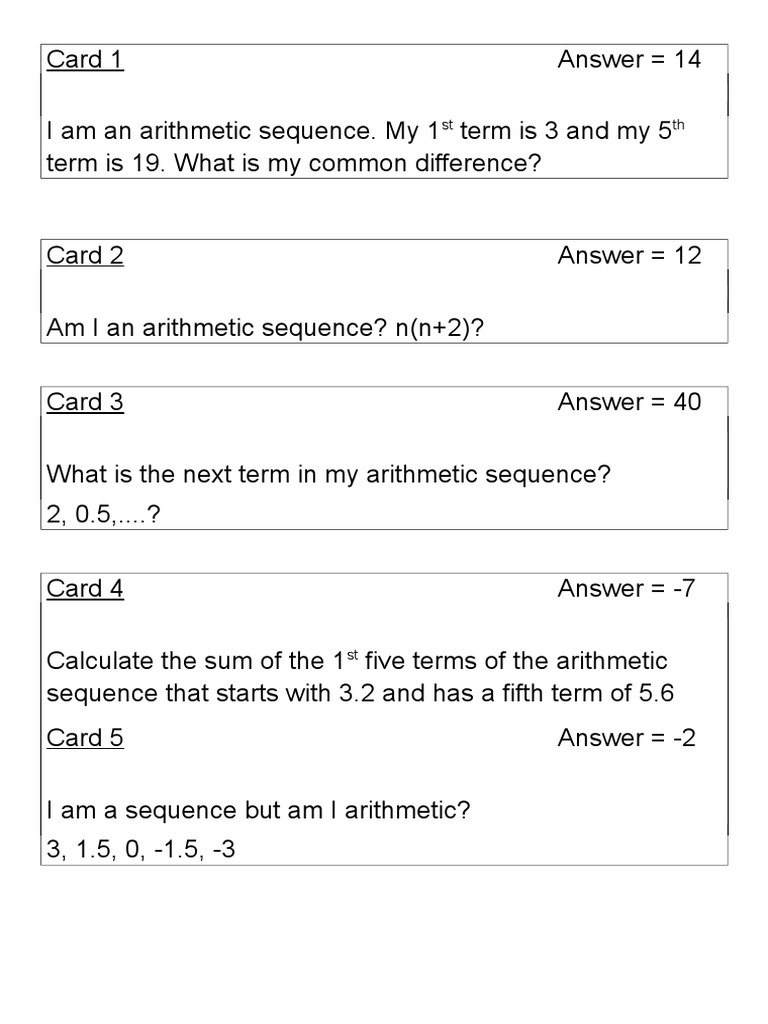 Arithmetic Sequence Challenge Cards | PDF