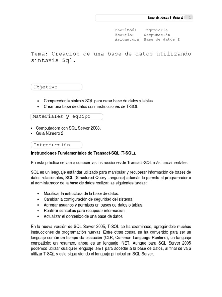 Guía SQL: Crear Bases de Datos y Tablas | PDF | Servidor SQL de ...