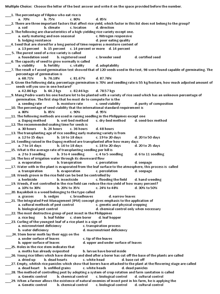 Rice Cultivation Quiz Questions | PDF | Rice | Seed