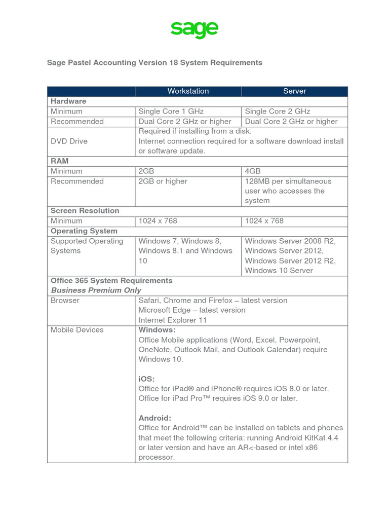 Sage Pastel Accounting Version 14 &18 System Requirements PDF
