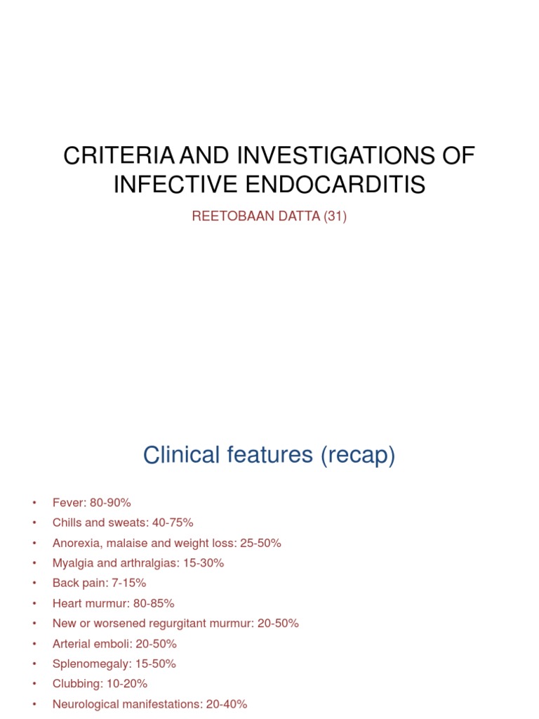 Endocarditis Criteria and Investigations | PDF | Medical Specialties ...