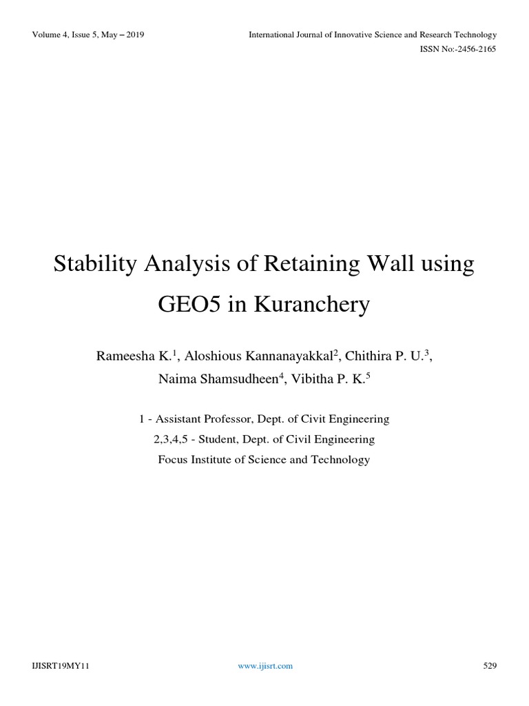 Stability Analysis Of Retaining Wall Using Geo5 In Kuranchery Geotechnical Engineering Soil