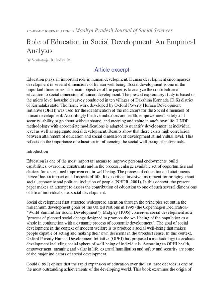 The Role of Education in Social Development: An Empirical Analysis of ...