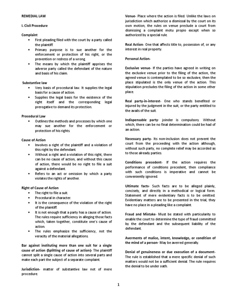 Civil Procedure Riano Notes | Pleading | Lawsuit