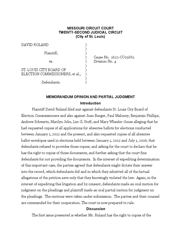 Missouri Court Ruling on Absentee Ballots | PDF | Lawsuit | Judgment (Law)