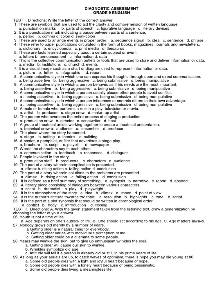 Grade 9 English Diagnostic Test | PDF | Text Messaging | Punctuation