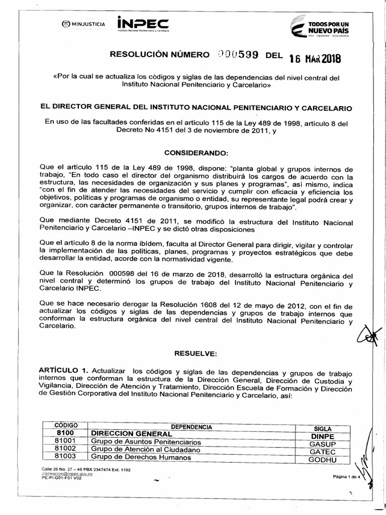 Resol 599 16MAR18 Por La Cual Se Actualiza Los Códigos y Siglas de Las