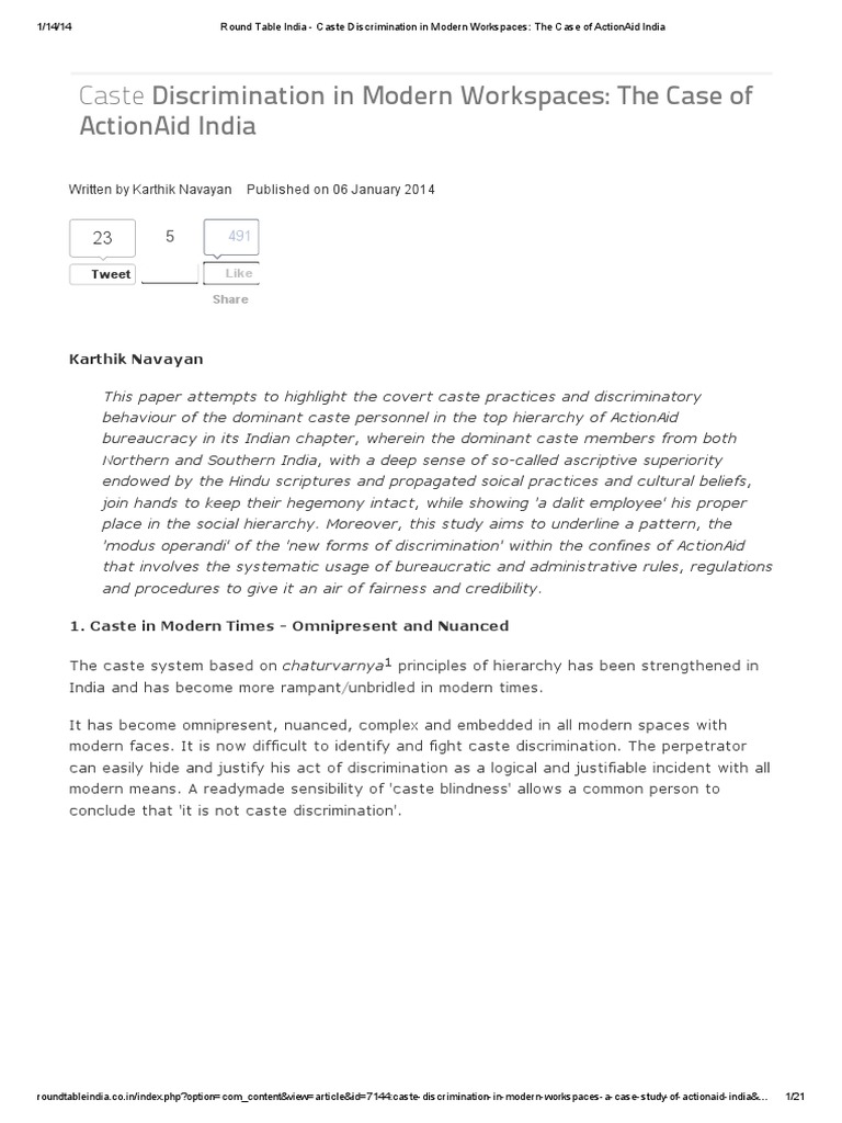 Caste Discrimination in Modern Workspaces: The Case of Actionaid India ...