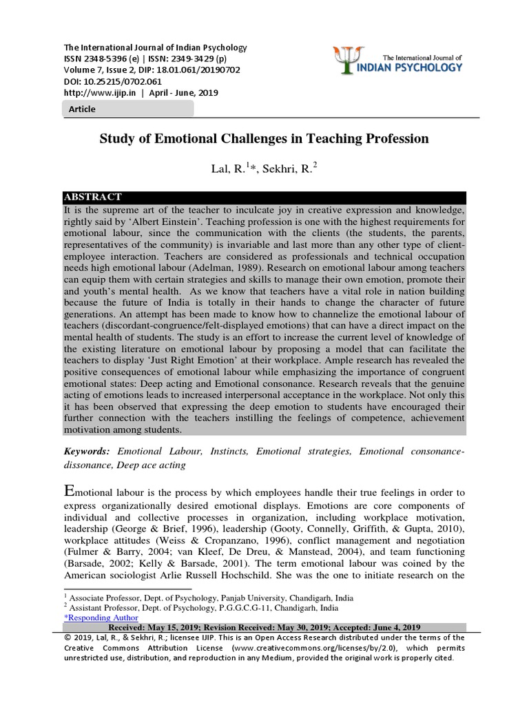 Study of Emotional Challenges in Teaching Profession | PDF | Emotional ...