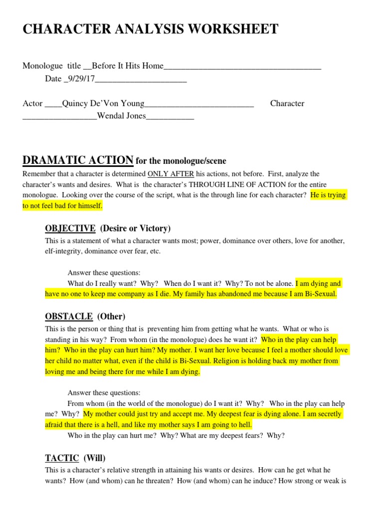 Character Analysis Worksheet | PDF | Love | Cognitive Science
