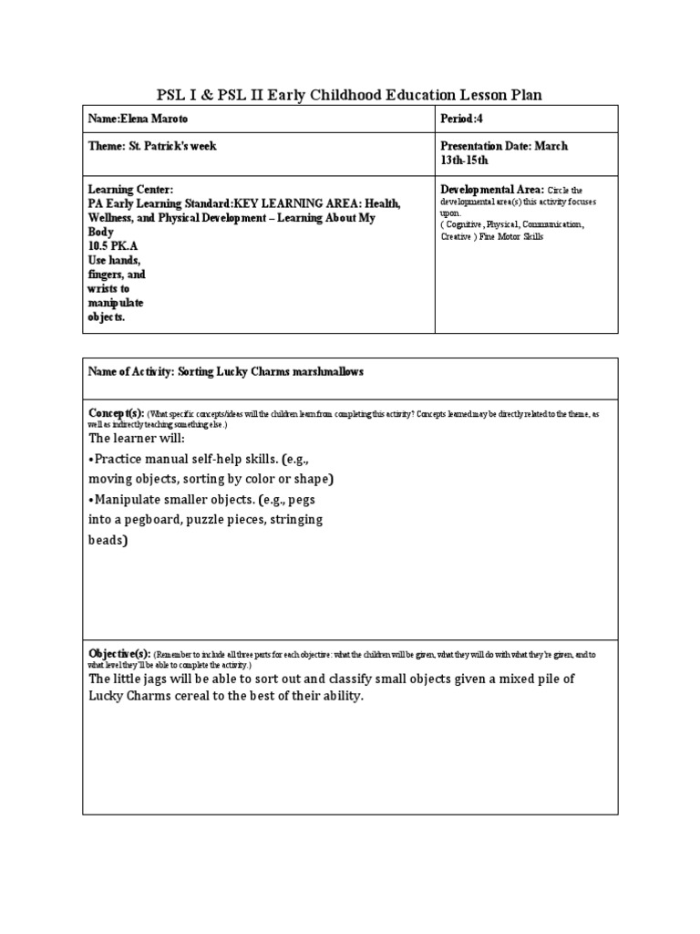 PSL I & PSL II Early Childhood Education Lesson Plan PDF Lesson
