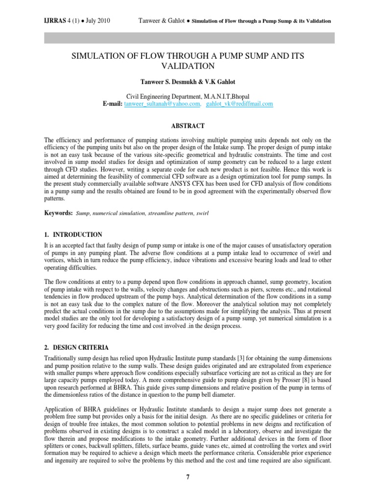 Simulation of Flow Through A Pump Sump and Its Validation: IJRRAS 4 ...