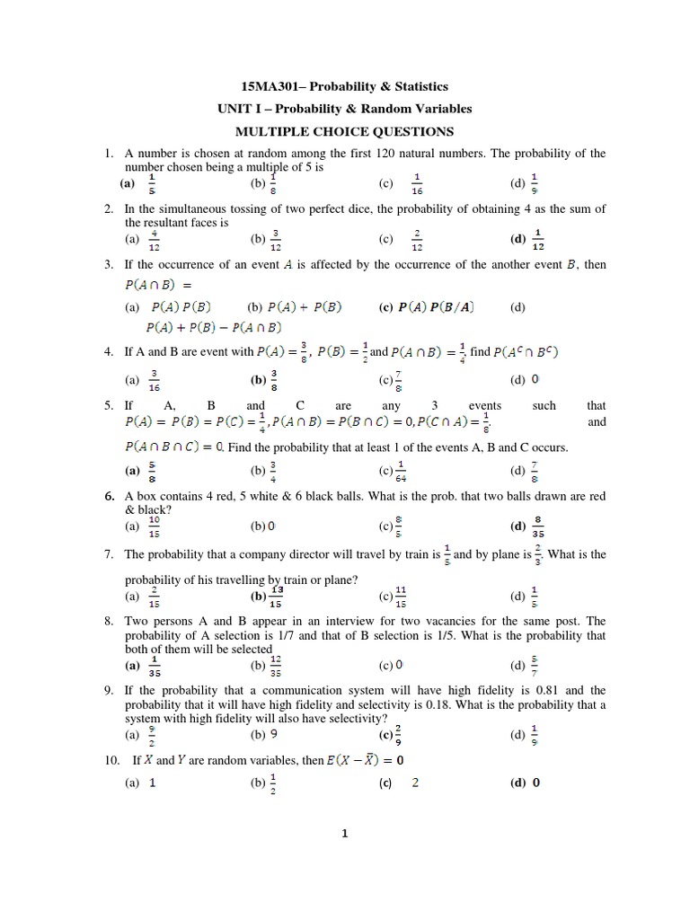 Multiple Choice Questions on Probability Distributions and Random Variables PDF Type I And
