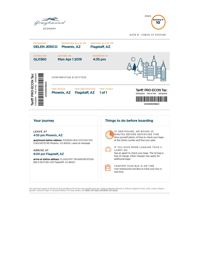 Greyhound Travel Confirmation for Route from Phoenix, AZ to Flagstaff, AZ Departing April 1st at