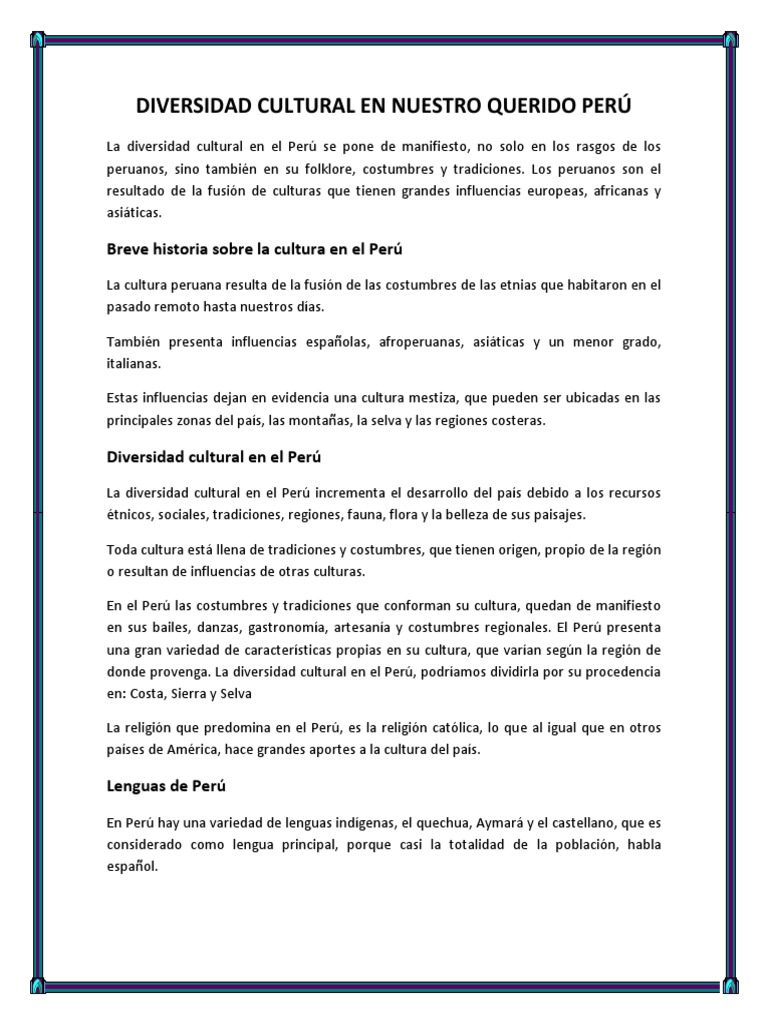 Diversidad Cultural en el Perú | PDF | Perú | Diversidad cultural
