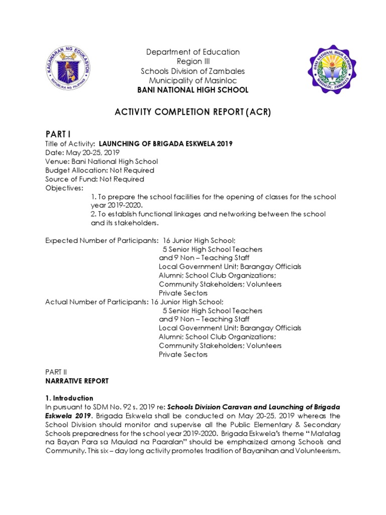Activity Completion Report Brigada Eskwela 2019